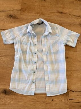 Travis Mathew Light Blue and White Plaid Short-Sleeve Button-Down Shirt